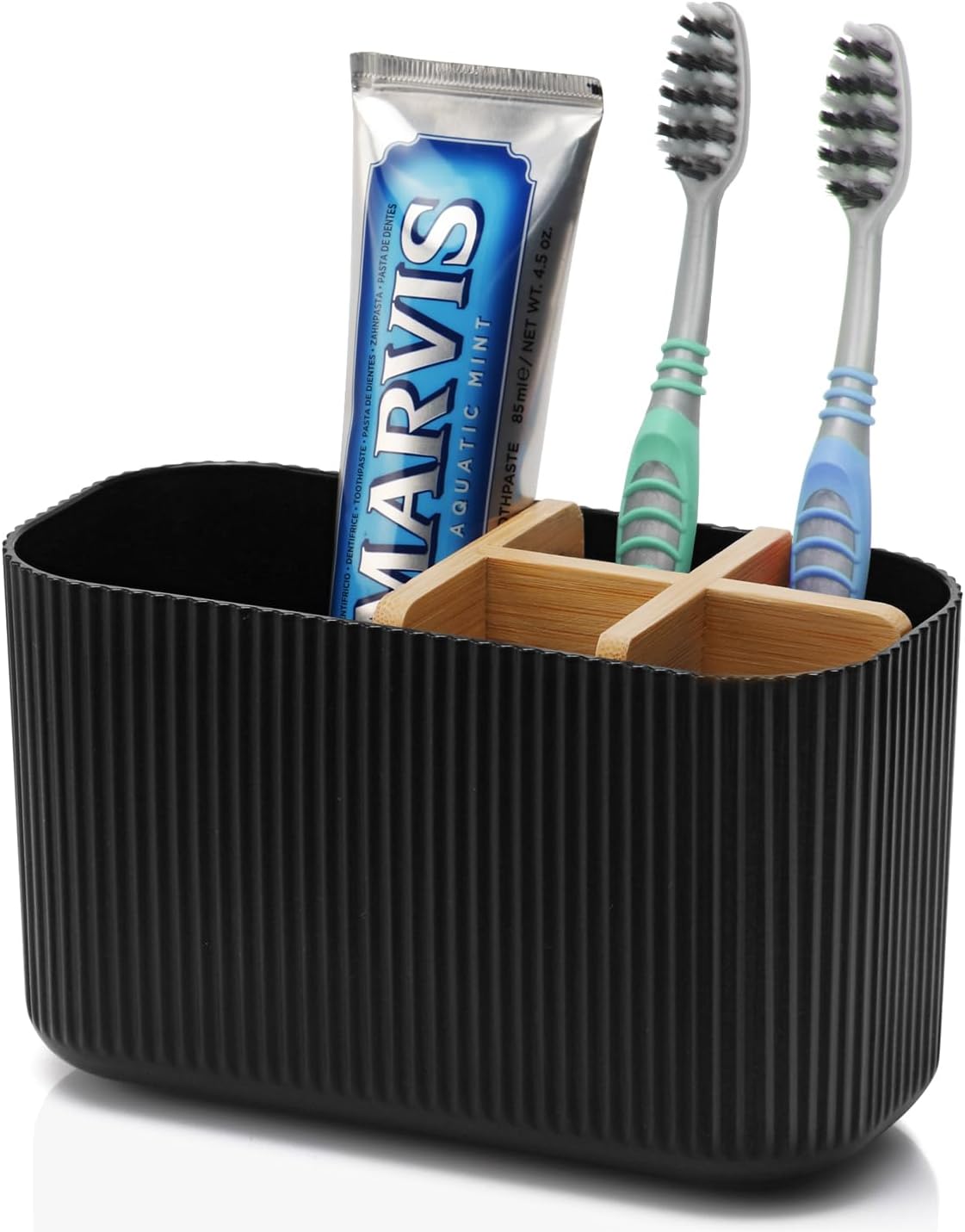 GFWARE Toothbrush Holders for Bathrooms - Bamboo Divider Toothbrush and Toothpaste Holder with Drainage, Kids Electric Toothbrush Organizer for Bathroom Countertop, White Tooth Brush Holder | 5 Slots Toothbrush and Toothpaste Holder with Bamboo Divider,