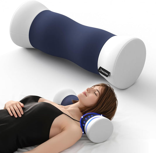 Neck Roll Pillow - Cooling Cover Round Neck Pillow for Sleeping - Memory Foam Cervical Support Pillow - Ergonomic Cylinder Pillows for Neck, Leg, Back, Yoga, Relaxing (Blue White)