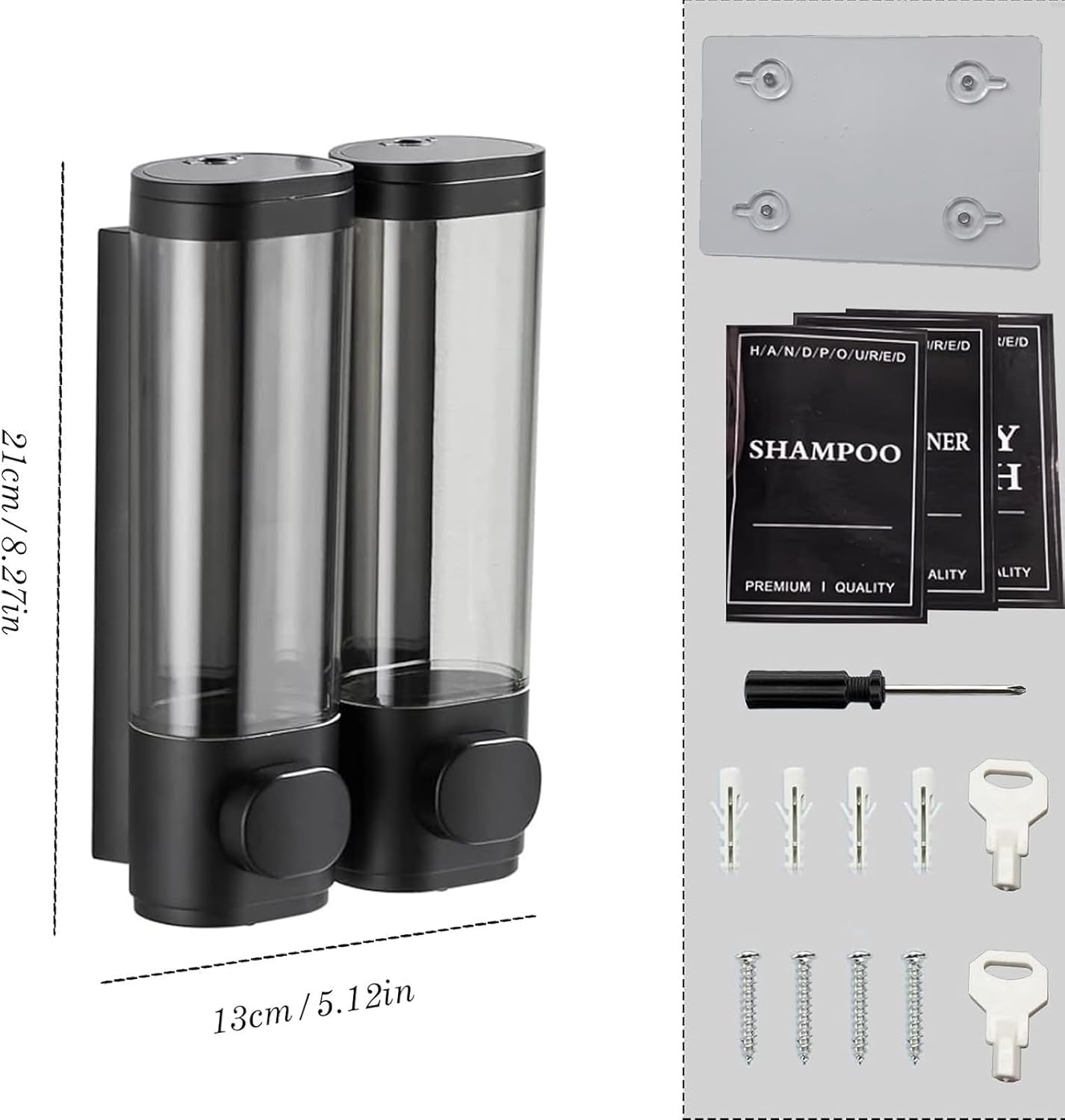 10oz/300ml Single Manual Wall Mounted Soap Dispenser, Black | Bathroom Shampoo and Conditioner Dispenser, Clear Plastic Refillable Liquid Lotion Pump Dispenser and Organizer