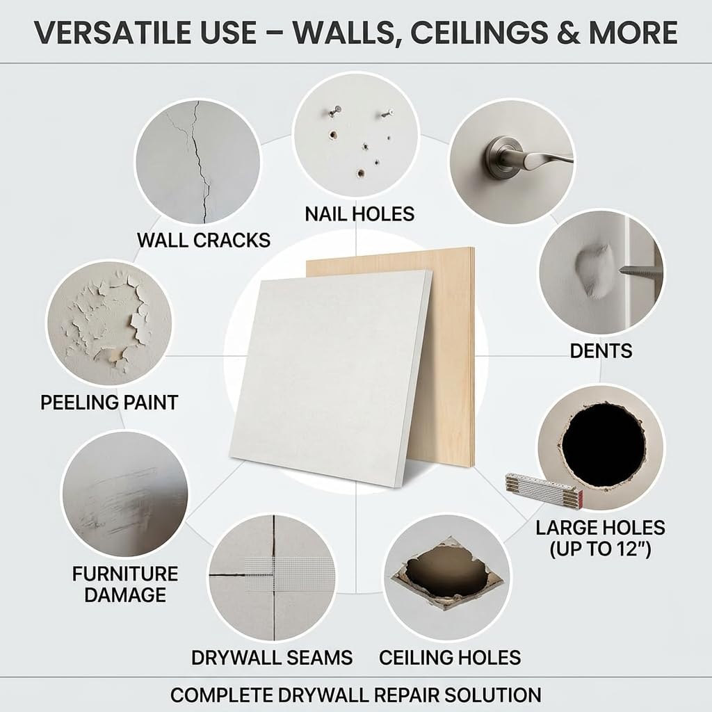 Drywall Repair Kit，34 Pcs 12x12inch Wall Patch Kit with Saw& Wood Boards | Drywall Patch Kit for Large Holes，Sheetrock Repair Kit for Cracks, Dents&Nail Holes-Quick & Easy Wall Surface Repair Solution