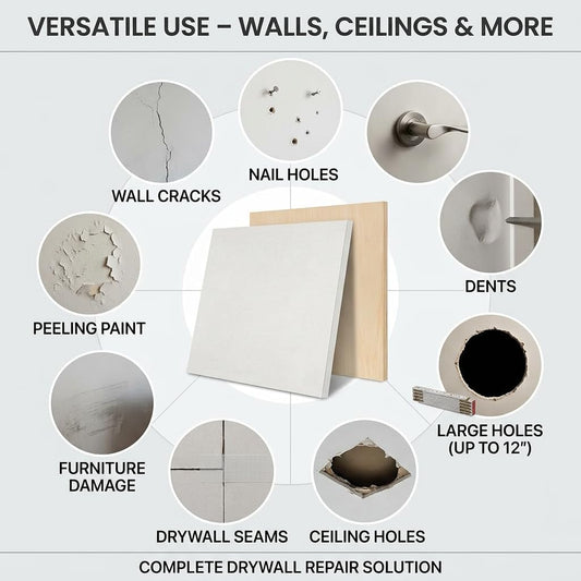 Drywall Repair Kit，34 Pcs 12x12inch Wall Patch Kit with Saw& Wood Boards | Drywall Patch Kit for Large Holes，Sheetrock Repair Kit for Cracks, Dents&Nail Holes-Quick & Easy Wall Surface Repair Solution