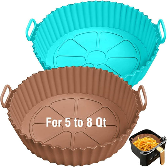 Silicone Air Fryer Liner 2 Pack, Xabzhzn 9 inch Non-Stick Reusable Air Fryer Liners for 5 to 6 7 8 QT Square and Round Basket, Airfryer Silicone Pot Baking Tray Oven Microwave Accessories, Blue+Brown