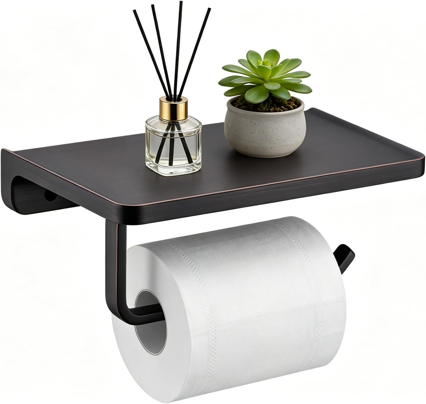 TRUSTMI Toilet Paper Holder with Phone Shelf, Zinc Alloy, Brushed Gold | Solid zinc alloy holder holds 15 lbs and fits jumbo rolls. Shelf stores phones and wipes for easy bathroom organization