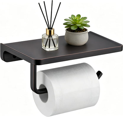 TRUSTMI Toilet Paper Holder with Phone Shelf, Zinc Alloy, Brushed Gold | Solid zinc alloy holder holds 15 lbs and fits jumbo rolls. Shelf stores phones and wipes for easy bathroom organization