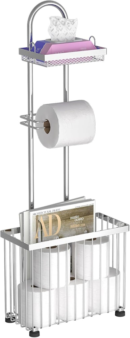 Freestanding Toilet Paper Holder Toilet Tissue Rack Scroll Stand Roll Dispenser with Storage Shelf Reserve for Phone Tablet Magazine Bathroom Organizer Bath Tissue Organizer (Silver)
