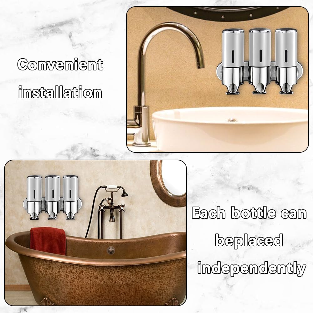 3 in 1 Chamber Wall Mounted Shampoo and Conditioner Dispenser (Silver) | No Drill Shower Soap Dispenser for Bathroom & Hotel Leak-Proof Pumps, Easy Installation and Large Capacity