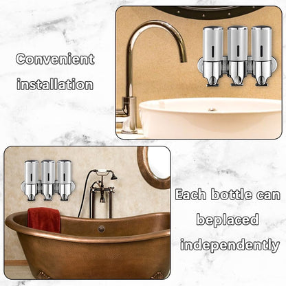 3 in 1 Chamber Wall Mounted Shampoo and Conditioner Dispenser (Silver) | No Drill Shower Soap Dispenser for Bathroom & Hotel Leak-Proof Pumps, Easy Installation and Large Capacity