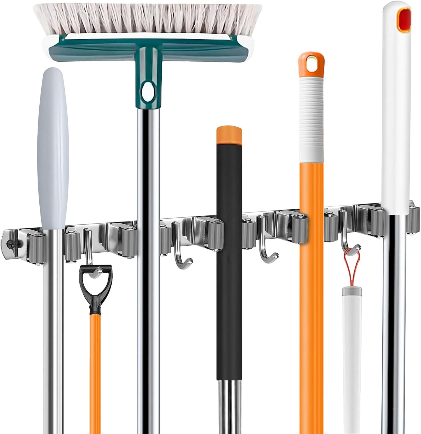 UNIFUN Broom Holder Wall Mount, 5 Racks 4 Hooks, Stainless Steel Organizer | Heavy-duty construction, Space-Saving Wall Mount, Easy To Install, Perfect for kitchen, garage, garden, laundry closet