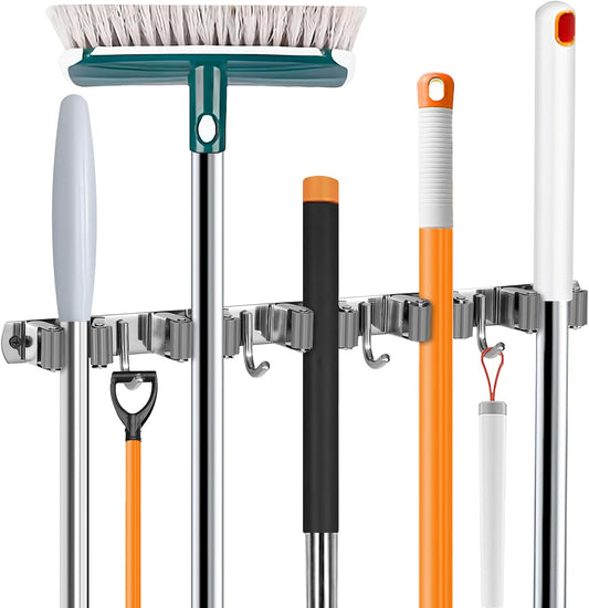 UNIFUN Broom Holder Wall Mount, 5 Racks 4 Hooks, Stainless Steel Organizer | Heavy-duty construction, Space-Saving Wall Mount, Easy To Install, Perfect for kitchen, garage, garden, laundry closet