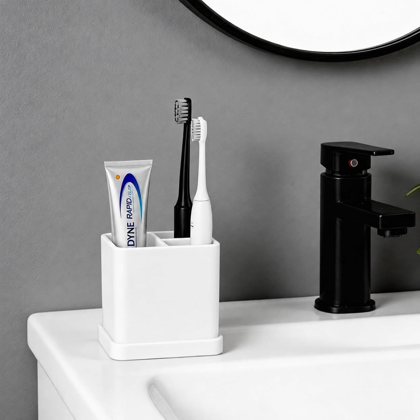Silicone Toothbrush Holders for Bathrooms with Drainage Tray, White Marble | 3 Slots Unbreakable Countertop Electric Tooth Brush and Toothpaste Holder Organizer Stand, Marble Bathroom Accessories Decor