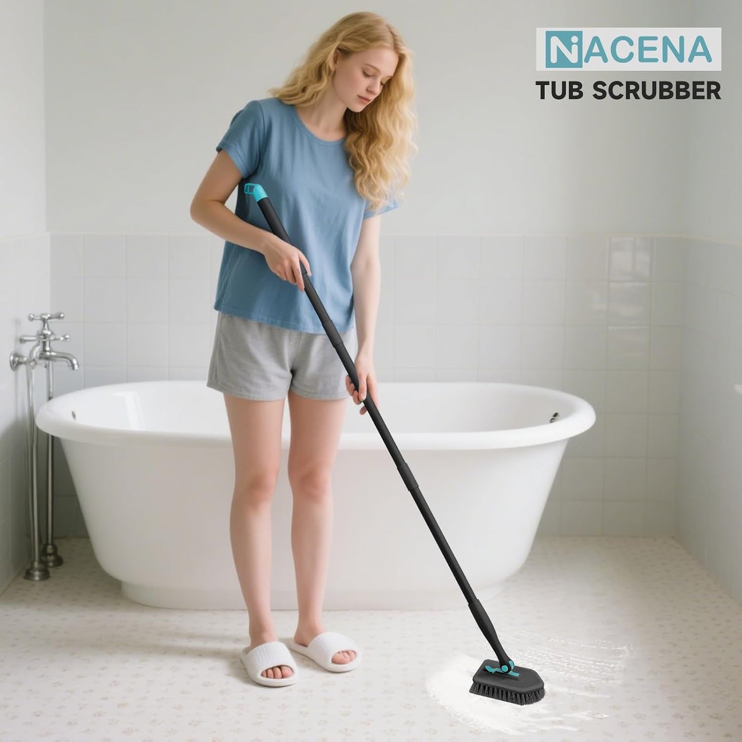 nacena Shower Scrubber with Long Handle, 4 in 1 Tile Tub Scrubber Brush with 3 Detachable Cleaning Heads and V-Shaped Grout Brush Shower Cleaner Brush for Bathroom Kitchen Toilet Tub Sink Wall, Black