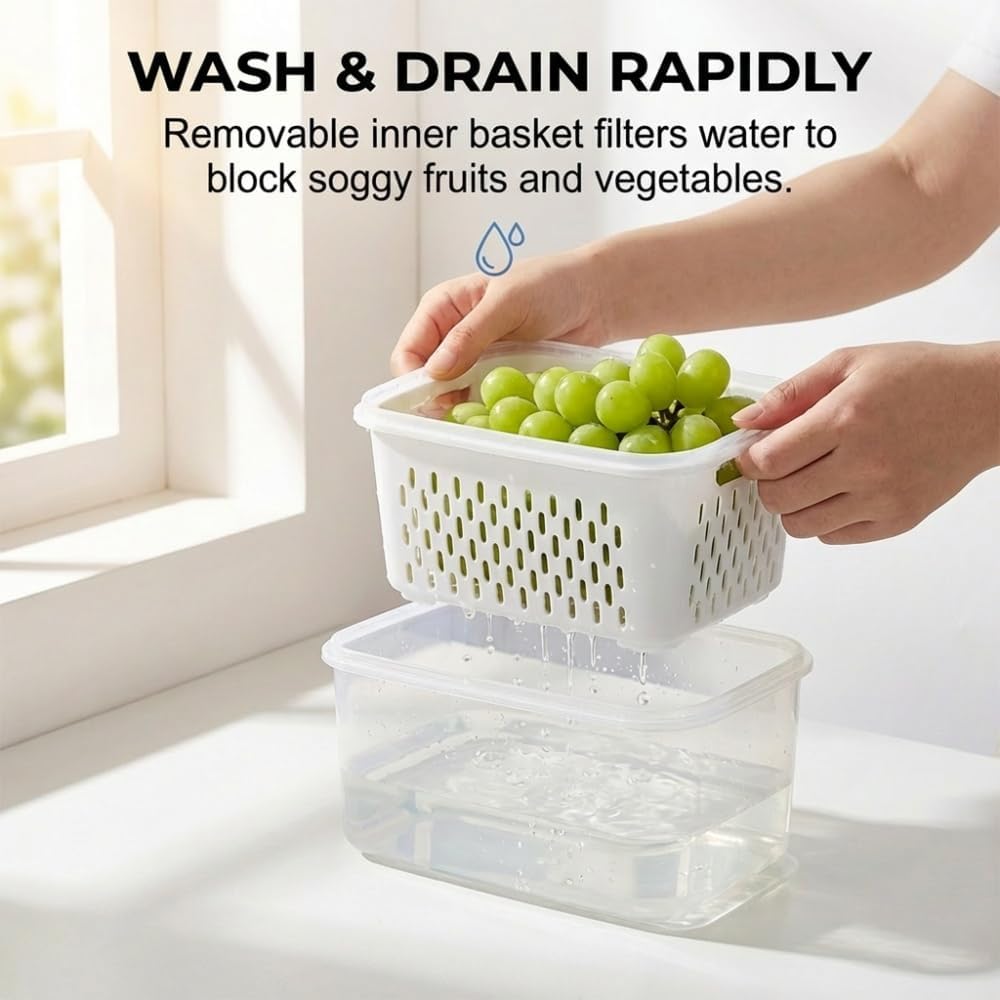 4-in-1 Large Fruit Storage Container with Removable Colander, Leakproof Produce Keeper for Fridge, BPA-Free & Microwave Safe Food Organizer (Grey, S+M+L)