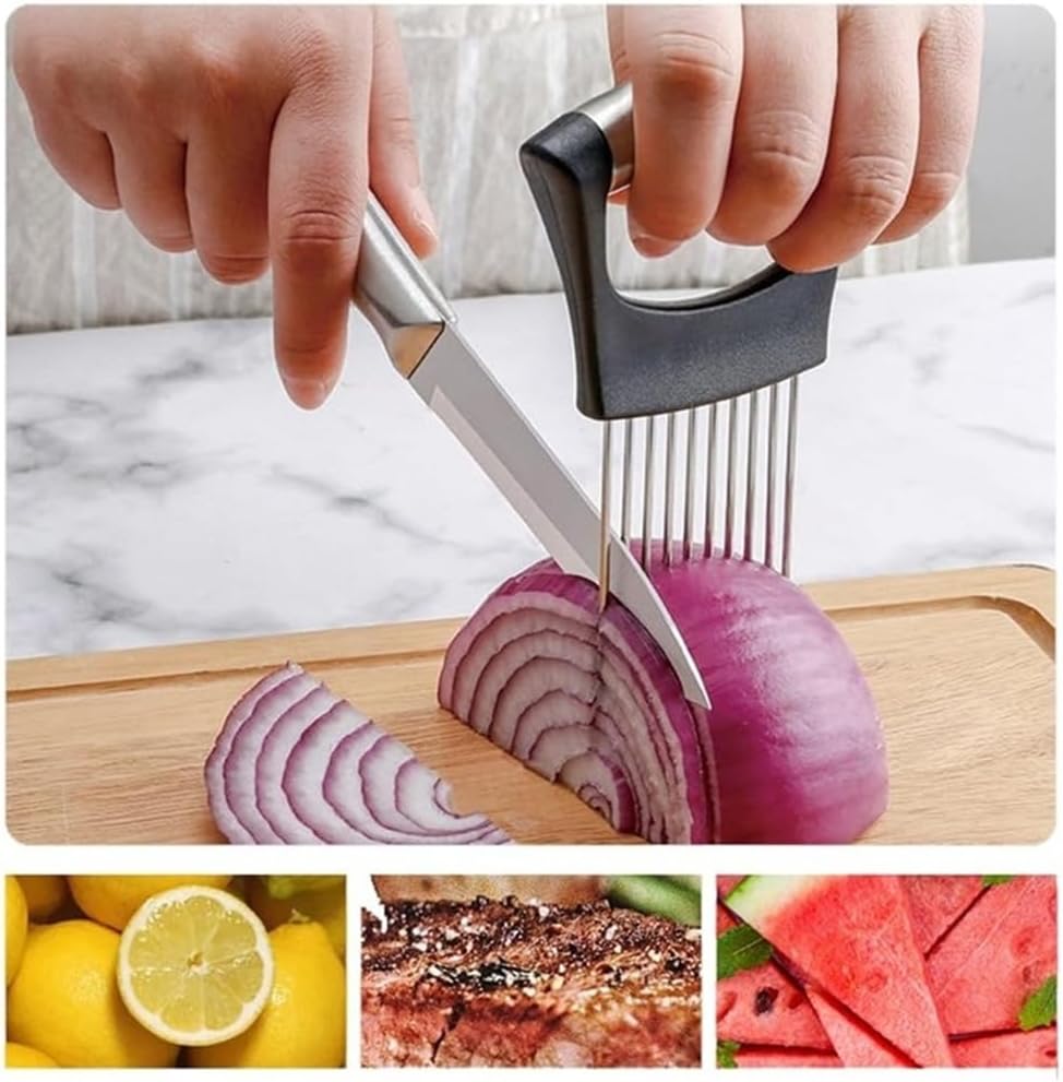 Stainless Steel Onion Slice Holder, New Onion Holder for Slicing, Lemon Slicer Vegetable Cutter, Chopper Slicing Assistant Tool for Potato, Tomato, Meat, Onion Home Kitchen Tools