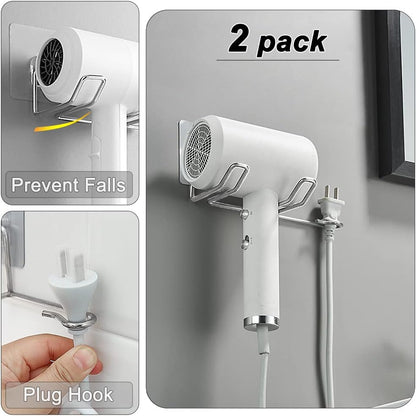2 Pack Hair Dryer Holder, Wall Mount Self Adhesive Waterproof Blow Dryer Rack Storage Organizer Hanger, Compatible with Dyson and Most Hair Blower Appliance, Brush, Curling Iron, Straightener