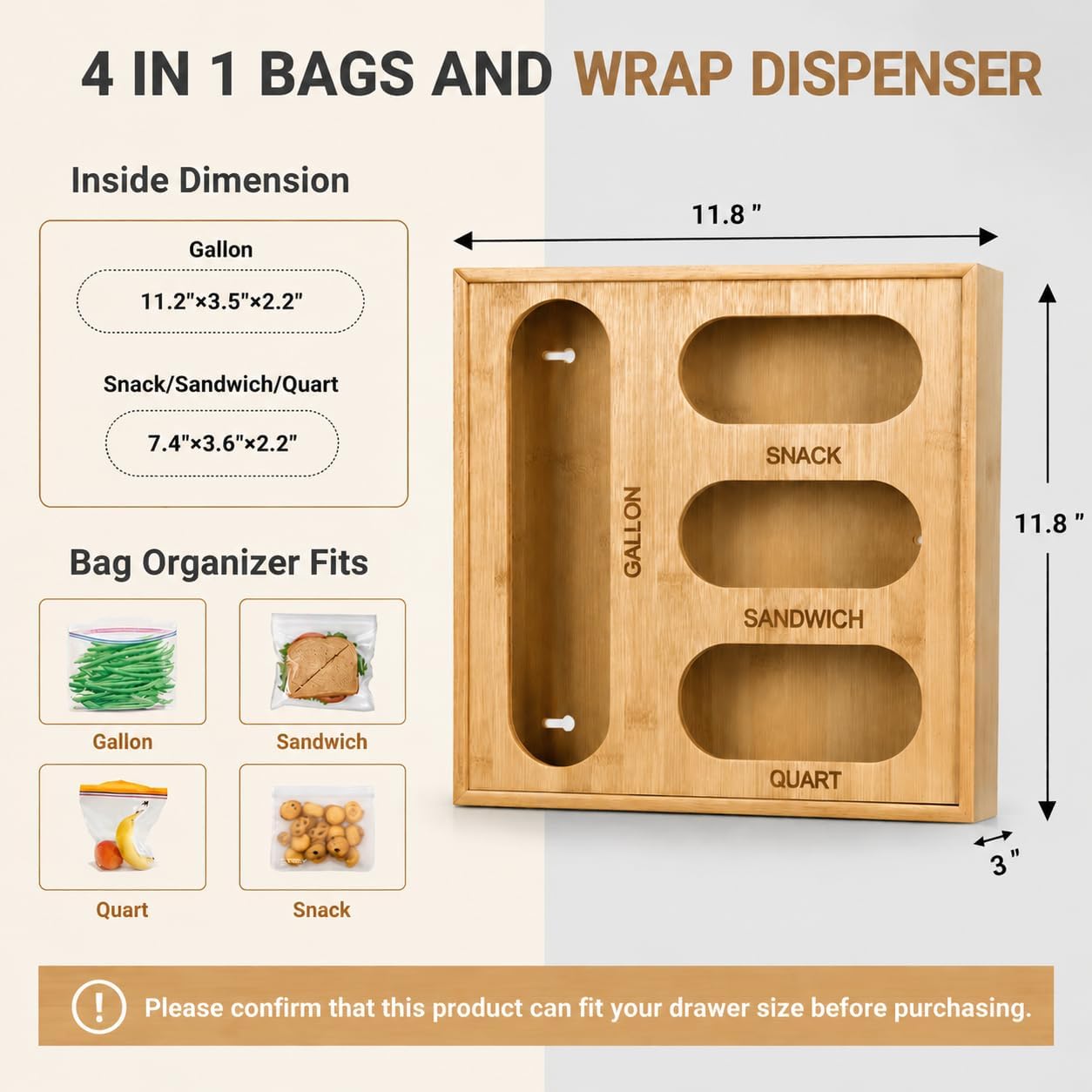 6-in-1 Bamboo Kitchen Drawer Organizer for Storage Bag, Foil & Plastic Wrap | Saran Wrap Dispenser with Cutter, Plastic & Grocery Bag Holder, Bamboo Drawer Organizer, Gallon/Quart Storage Bags