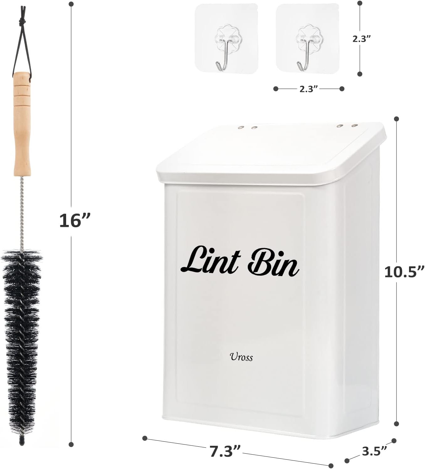 Uross Magnetic Lint Bin with Lint Brush, Metal Wall Mounted Dryer Lint Box Holder Keeper Organization with Lid, Stylish Laundry Room Decor -White