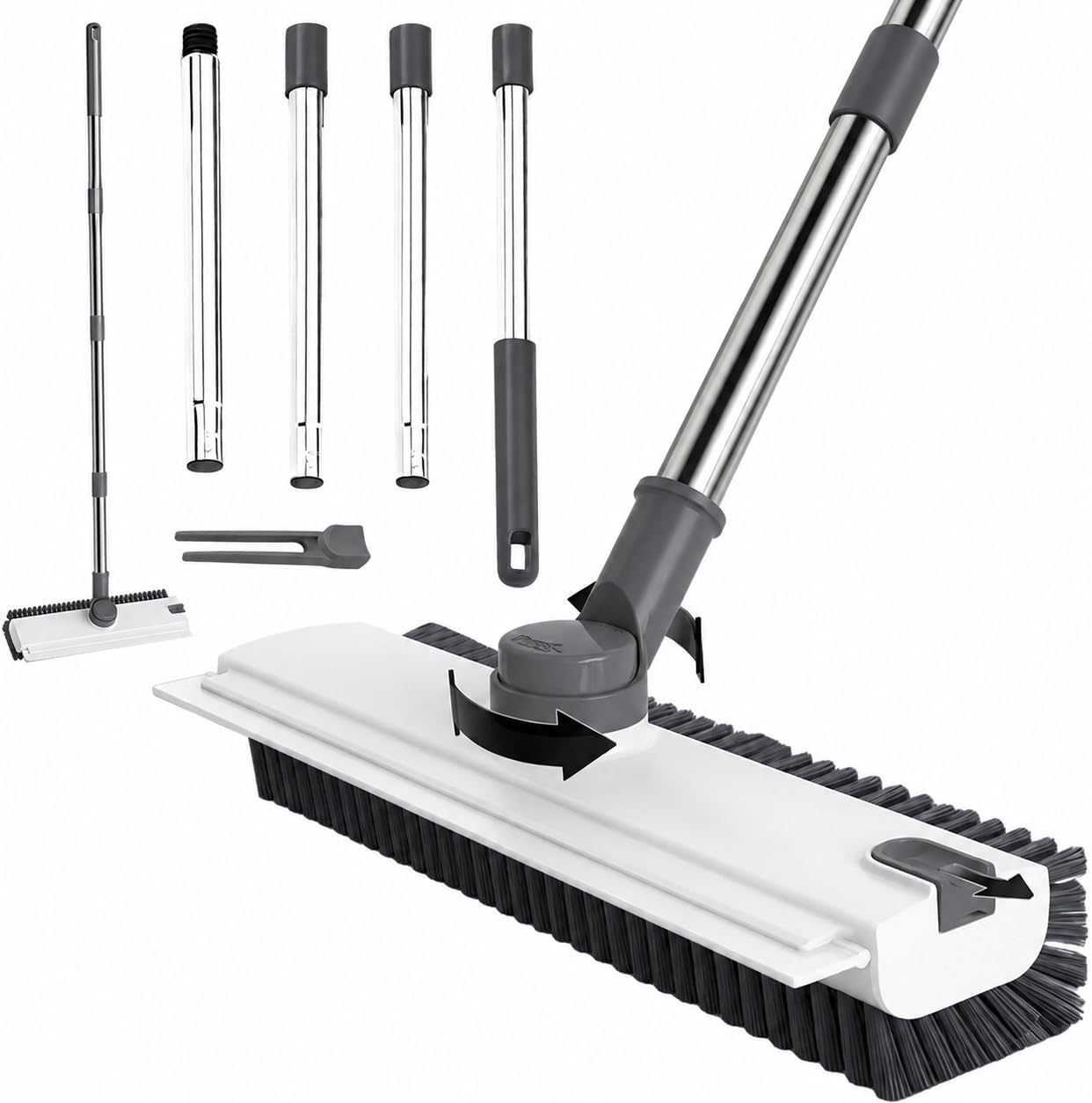 3 in 1 Floor Scrub Brush,Floor Scrubber with Squeegee and Tweezer, Push Broom with Long Handle,Heavy-Duty Stiff 90° Bristle Broom for Patio,Shower, Garage,Deck,Tile, Concrete & Wood Surface