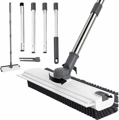 3 in 1 Floor Scrub Brush,Floor Scrubber with Squeegee and Tweezer, Push Broom with Long Handle,Heavy-Duty Stiff 90° Bristle Broom for Patio,Shower, Garage,Deck,Tile, Concrete & Wood Surface