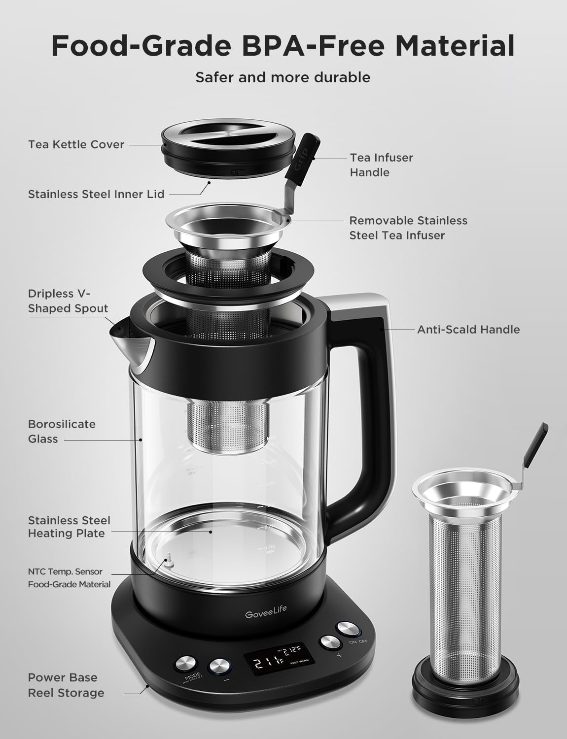 GoveeLife Smart Electric Kettle with Tea Infuser for Loose Leaf, 1.7 L Electric Tea Kettle with Brewing Program, Variable Temperature Control, 2 H Keep Warm & Auto Shut-Off, BPA Free. Black | Electric Tea Kettle with Brewing Program, Variable Temperature