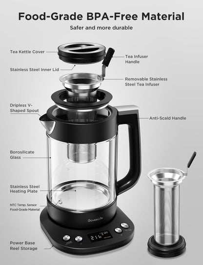 GoveeLife Smart Electric Kettle with Tea Infuser for Loose Leaf, 1.7 L Electric Tea Kettle with Brewing Program, Variable Temperature Control, 2 H Keep Warm & Auto Shut-Off, BPA Free. Black | Electric Tea Kettle with Brewing Program, Variable Temperature