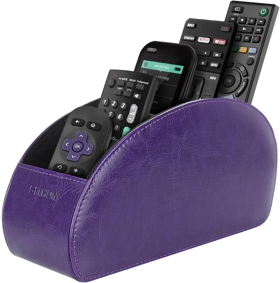 SITHON Remote Control Holder with 5 Compartments | PU Leather Remote Caddy Desktop Organizer Store TV, DVD, Blu-Ray, Media Player, Heater Controllers, Stripe Black