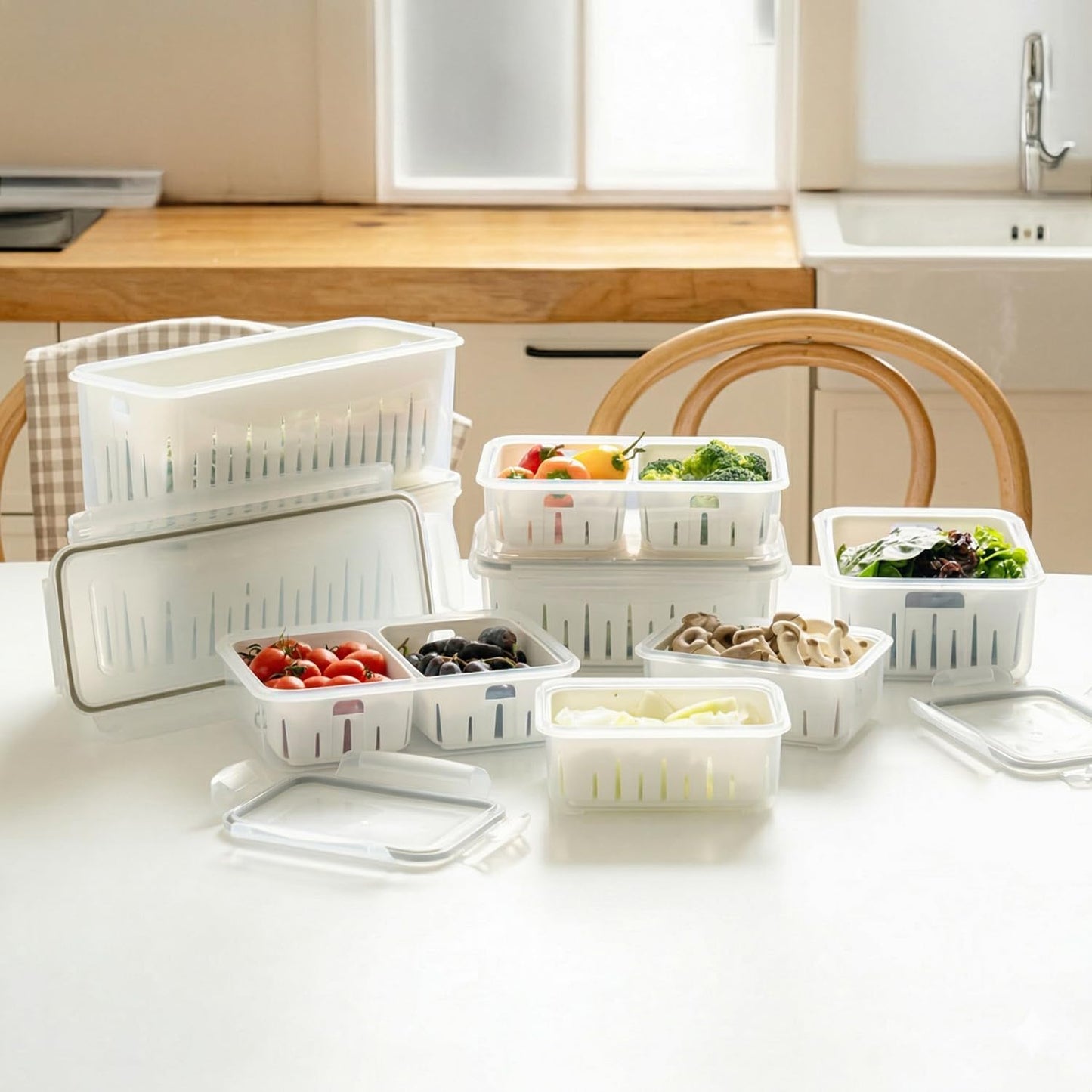 11.4 Cup Produce Saver Container for Fridge with Colander 2.7L | Airtight Fruit & Vegetable Storage Bin, Removable Strainer Basket, BPA-Free, Stackable, White Colander