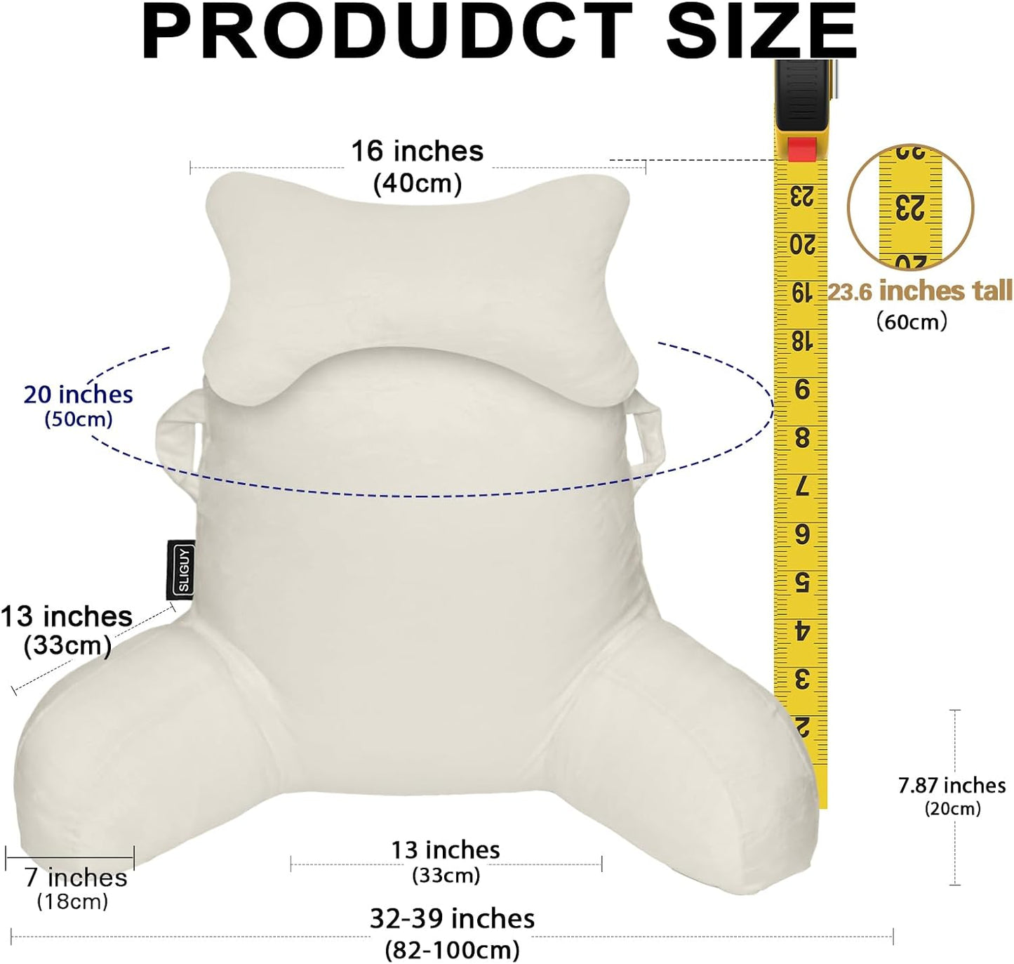 SLIGUY Reading Pillow for Sitting in Bed Couch Adult, Back Pillow with arm Support and Pockets, Adult Back Pillow Bed Chair for Bed Rest, Reading, Watching TV, Gaming for Boys and Girls Dark Grey
