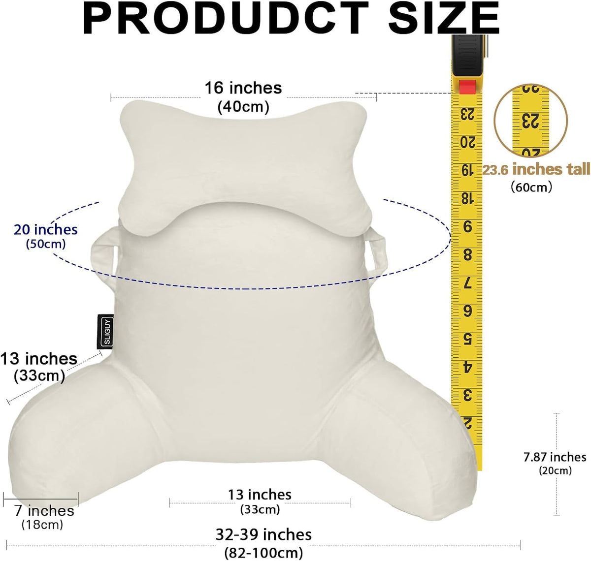 SLIGUY Reading Pillow for Sitting in Bed Couch Adult, Back Pillow with arm Support and Pockets, Adult Back Pillow Bed Chair for Bed Rest, Reading, Watching TV, Gaming for Boys and Girls Dark Grey