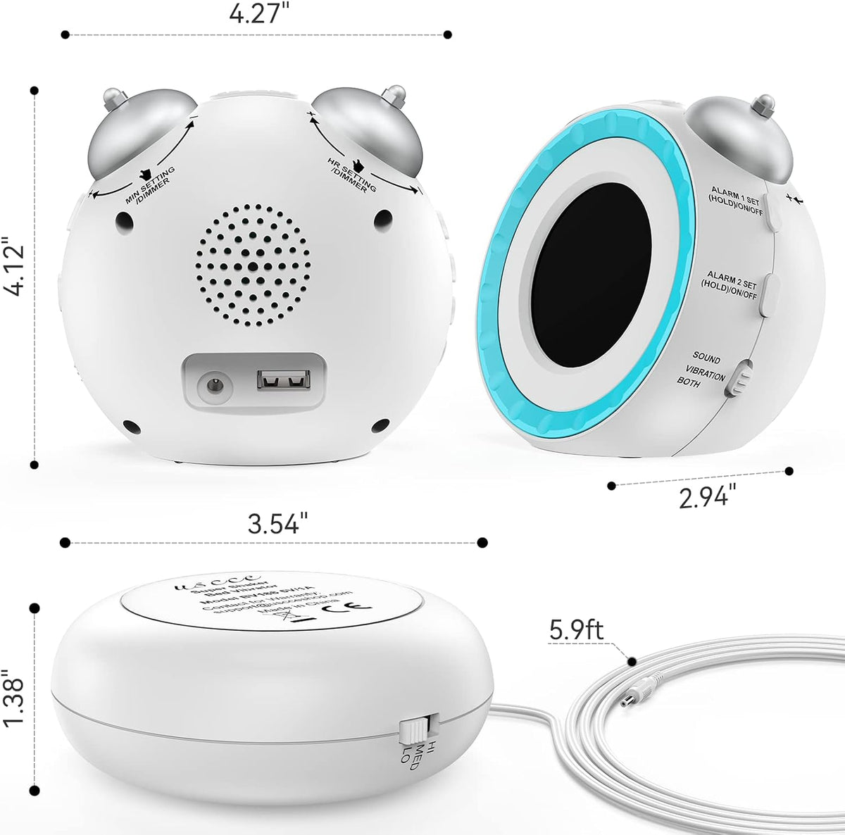uscce Loud Dual Alarm Clock with Powerful Adjustable Bed Shaker
