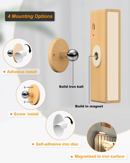 DetarZinLED Wall Lights Battery Operated Wooden,Magnetic Wall Sconces Rechargeable,Adhesive Wall Lights for Bedroom,Dimmable Wall Mounted Bedside Lamp,Cordless Battery Wall Sconce for Bedroom Reading