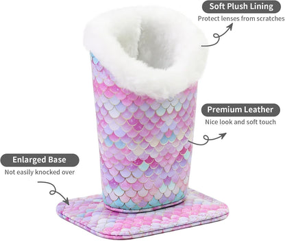 Plush Lined Eyeglasses Holder, Cute Magnetic PU Leather Glasses Stand Case for Women Men Kids