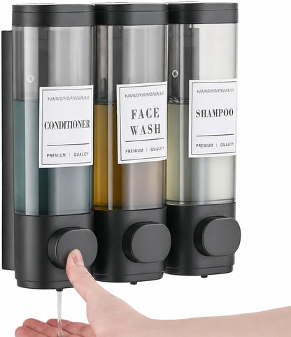 Wall Mounted Shower Soap Dispenser 3 Chamber,No Drill Shower Dispenser | Shampoo and Conditioner Dispenser for Bathroom Hotel Large Capacity, each 300ml with two waterproof labels,Gold