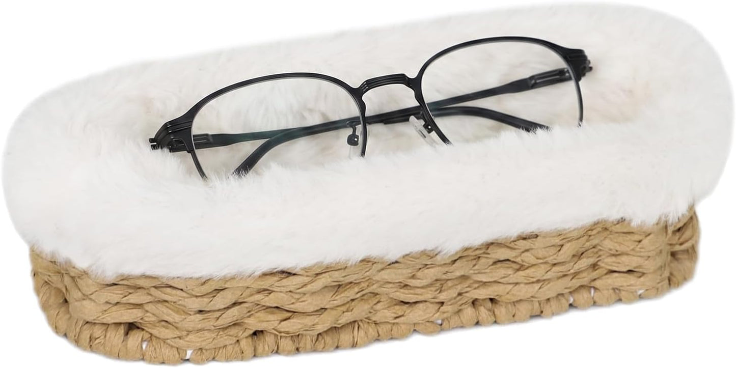 Glasses Holder, Paper Rope Plush Lined Eyeglass Holder Stand, Jewelry Key Tray Storage Organizer for Nightstand, Desk