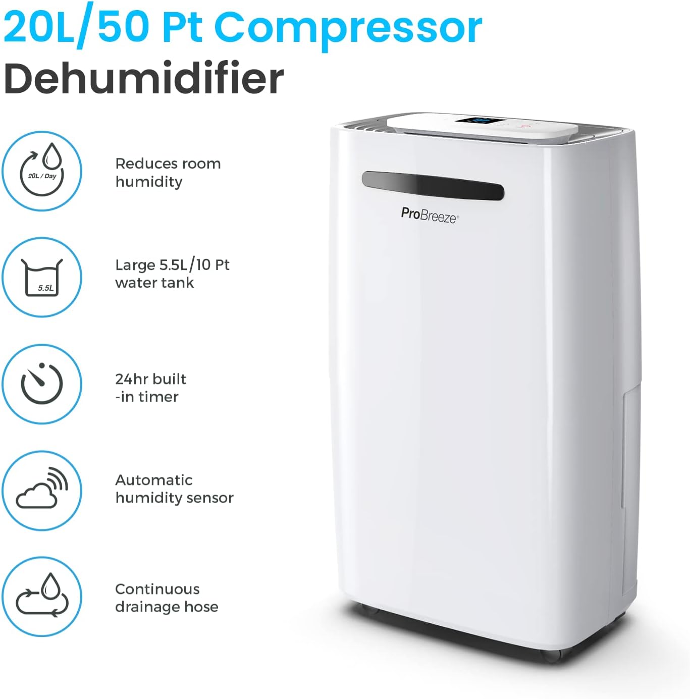 Pro Breeze Electric Mini Dehumidifier, 2200 Cubic Feet (250 sq ft), Compact and Portable for High Humidity in Home, Kitchen, Bedroom, Basement, Caravan, Office, Garage