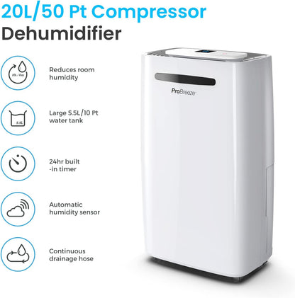 Pro Breeze Electric Mini Dehumidifier, 2200 Cubic Feet (250 sq ft), Compact and Portable for High Humidity in Home, Kitchen, Bedroom, Basement, Caravan, Office, Garage