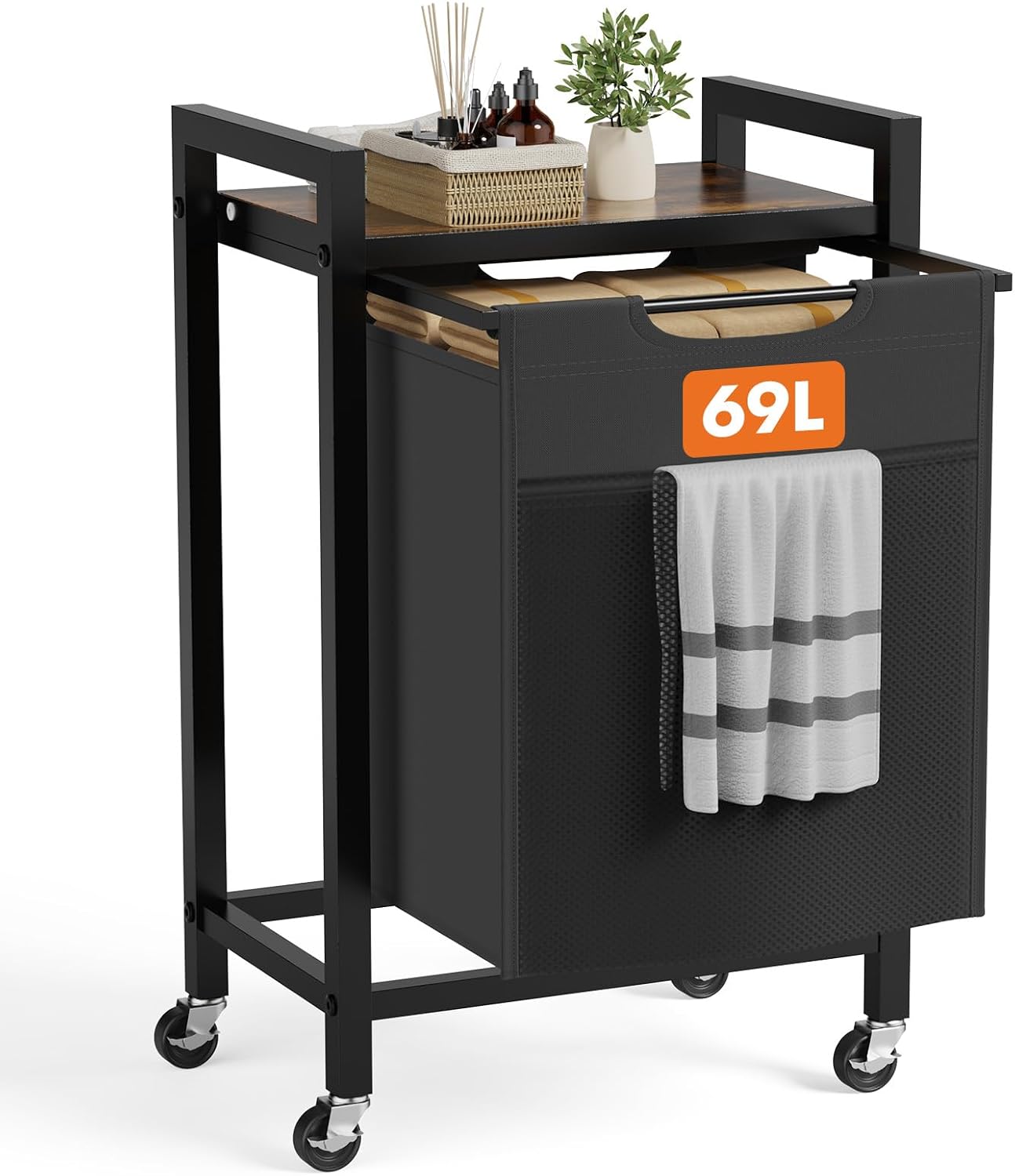 NEWBULIG Laundry Hamper Sorter with Wheels, Rolling Laundry Basket with Shelf & Removable Pull-Out Bag, Dirty Clothes Hamper for Room Organizer, 3 x 10.6 Gal (120L) - Rustic Brown and Black