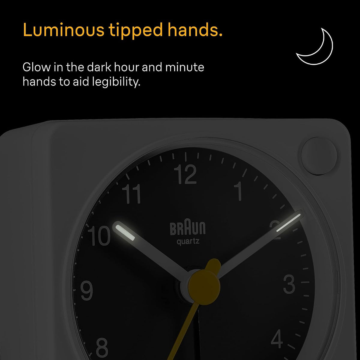 Braun Classic Travel Analogue Alarm Clock with Snooze and Light, Compact Size, Quiet Quartz Movement, Crescendo Beep Alarm in Black and White, Model BC02XBW.