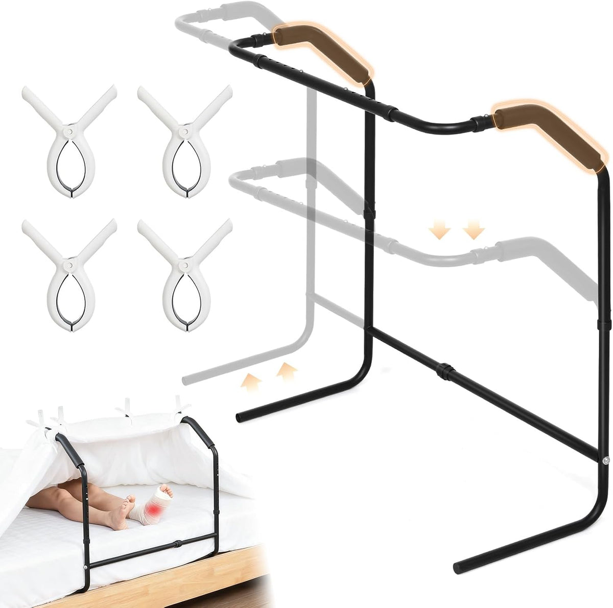 Blanket Lifter for Feet Under Mattress with 4 Clips–Extra-wide Foot Tent Keep Blankets Off Feet, Height Width Adjustable Bed Cradle Lift Bar Sheet Support for Enhanced Foot Toe Leg and Knee Comfort