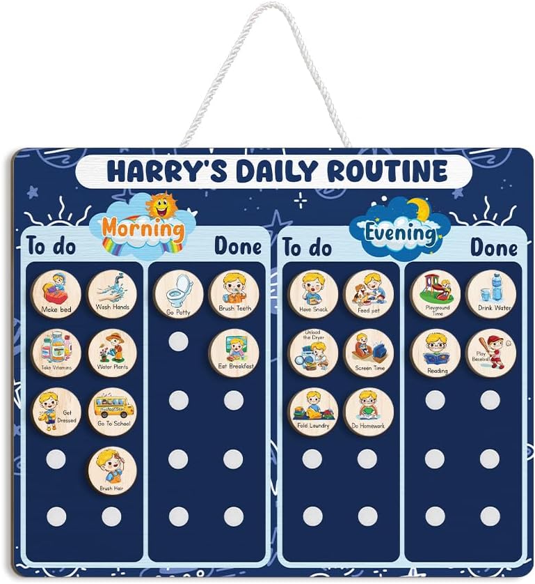 Daily Routine Chart for Kids, Visual Schedule, Routine Chart for Toddlers 3-5, Morning Bedtime Routine Chart for Toddlers, Wooden Chore Chart for Kids