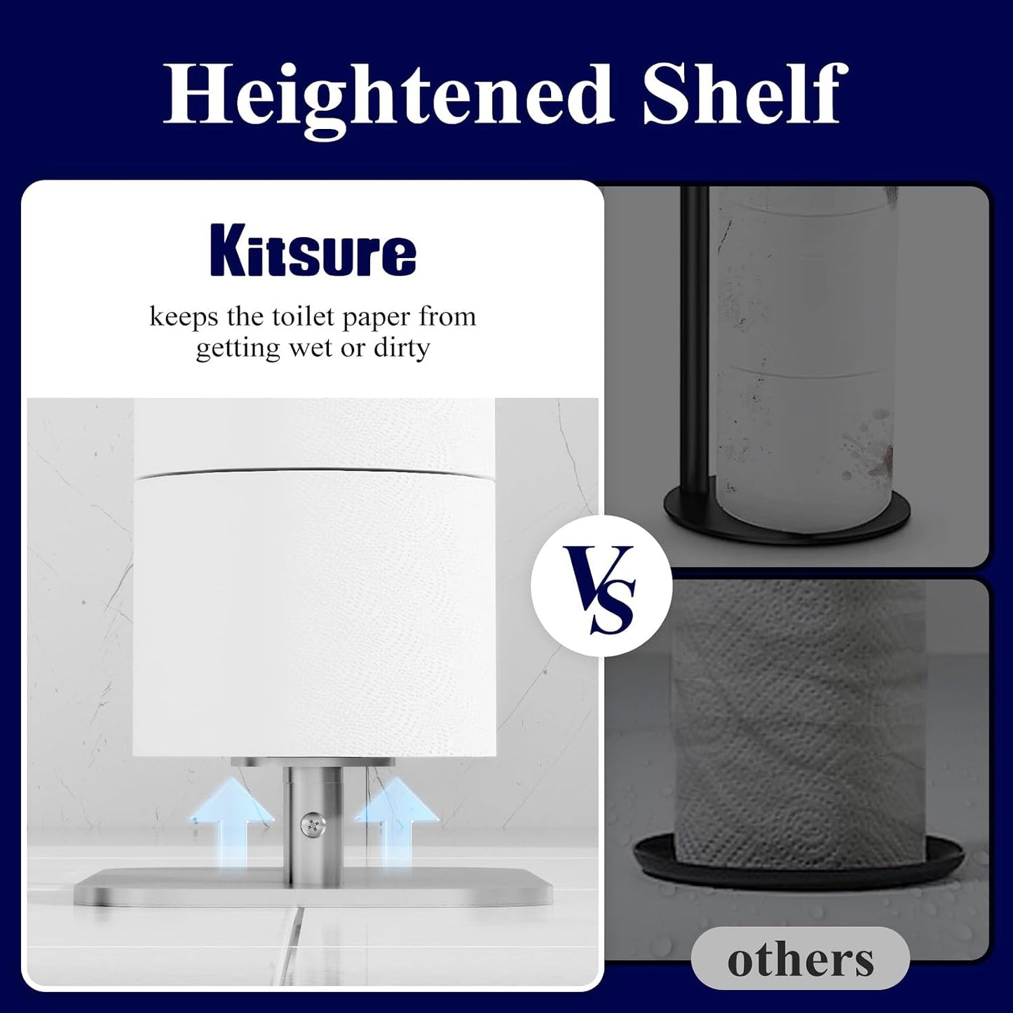 Kitsure Metal Toilet Paper Holder Free Standing, Medium, Black | Rustproof Toilet Paper Stand for 4 Rolls, Bathroom Organizers and Storage with Anti-Slip Base and Plastic Shelf