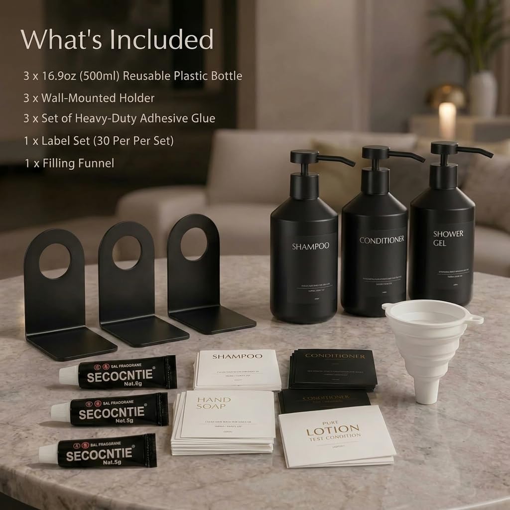Shampoo and Conditioner Dispenser Set of 3 for Wall Mount | 16.9 fl oz Drill Free Shower Soap Bottles,Refillable Body Wash Dispensers for Bathroom Decor (Amber Bottles + Bamboo Pumps)