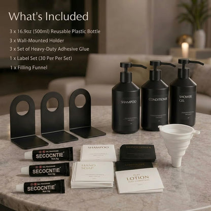 Shampoo and Conditioner Dispenser Set of 3 for Wall Mount | 16.9 fl oz Drill Free Shower Soap Bottles,Refillable Body Wash Dispensers for Bathroom Decor (Amber Bottles + Bamboo Pumps)