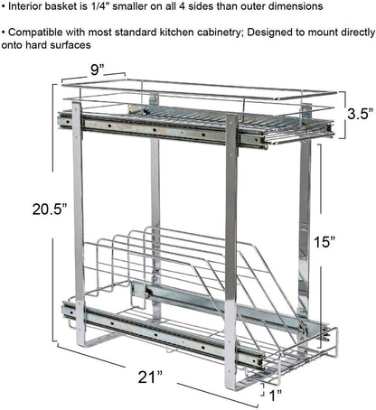 Household Essentials Glidez Multipurpose Chrome-Plated Steel Pull-Out/Slide-Out Storage Organizer for Cookware and Bakeware - 2-Tier Design - Fits Standard Size Cabinet or Shelf, Chrome