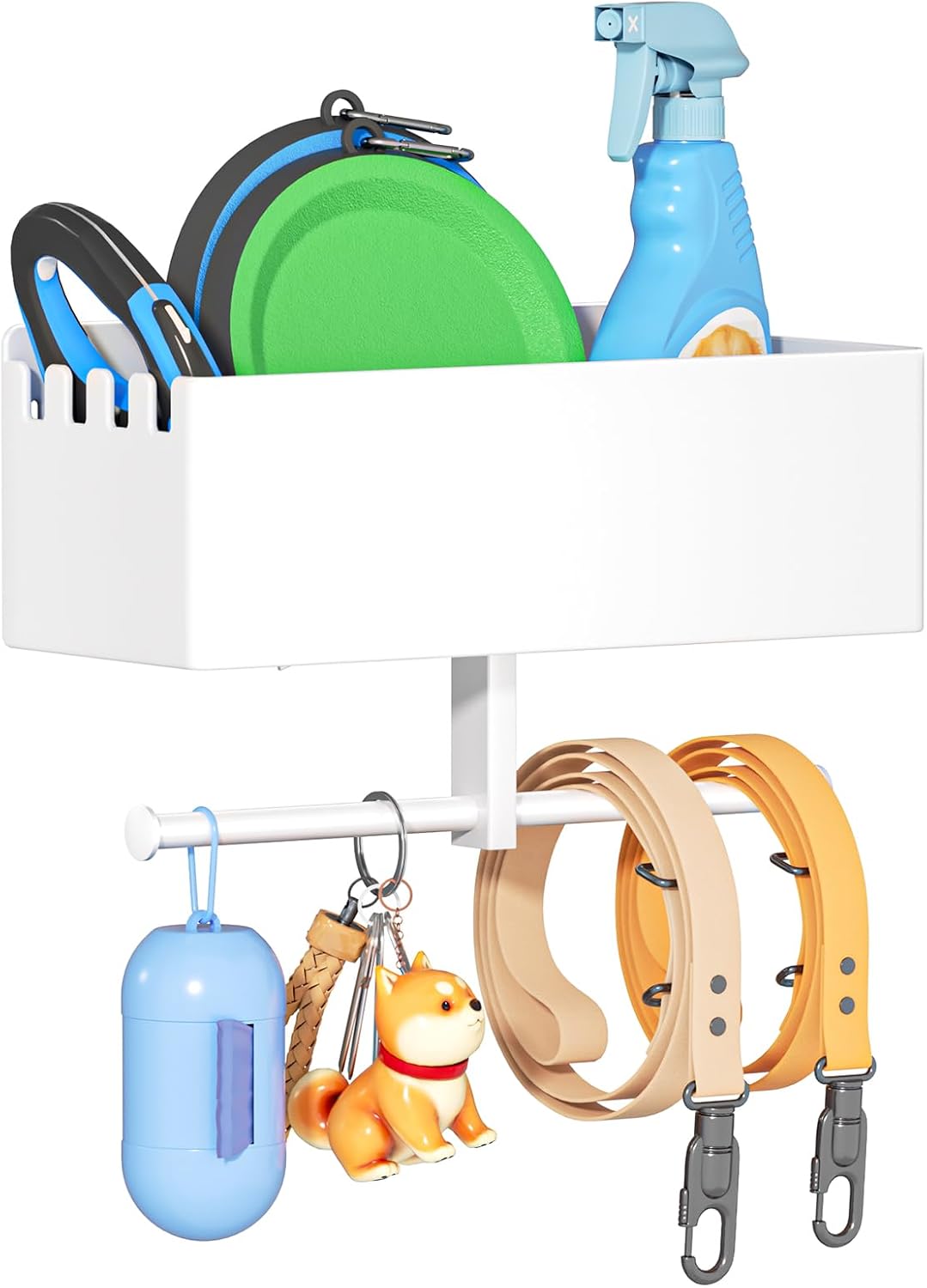 Dog Leash Holder for Wall, Dog Leash Hooks, Pet Stuff Organizer with Shelf Storage, Metal Key Holder, Leash Hangers Organizer Rack for Pet Collar, Toys, Treats, Poop Bag (Black)