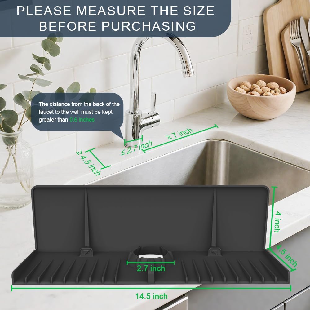 Silicone Sink Splash Guard Behind Faucet, Faucet Mat Backsplash Guard Black | Upgraded design, faucet mat for kitchen sink, drip catcher tray mat; dish soap sponge holder, kitchen counter bathroom sink