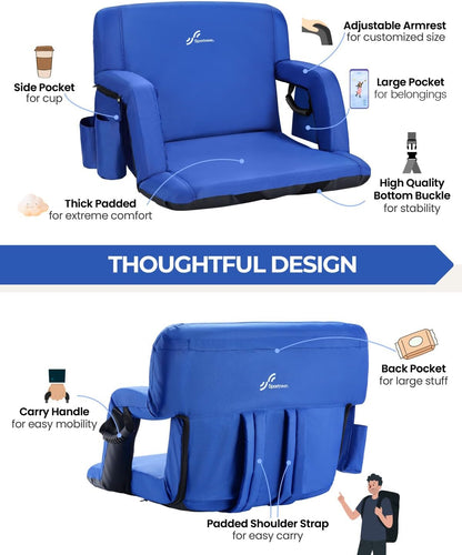 Sportneer Stadium Seats with Back Support: 2.5'' Thick Comfy Cushion 6 Adjustable Angle Bleacher Seat with Armrest - 2 Large Pockets, 2 Cup Holders Stadium Chair for Sport Events Concerts Parks