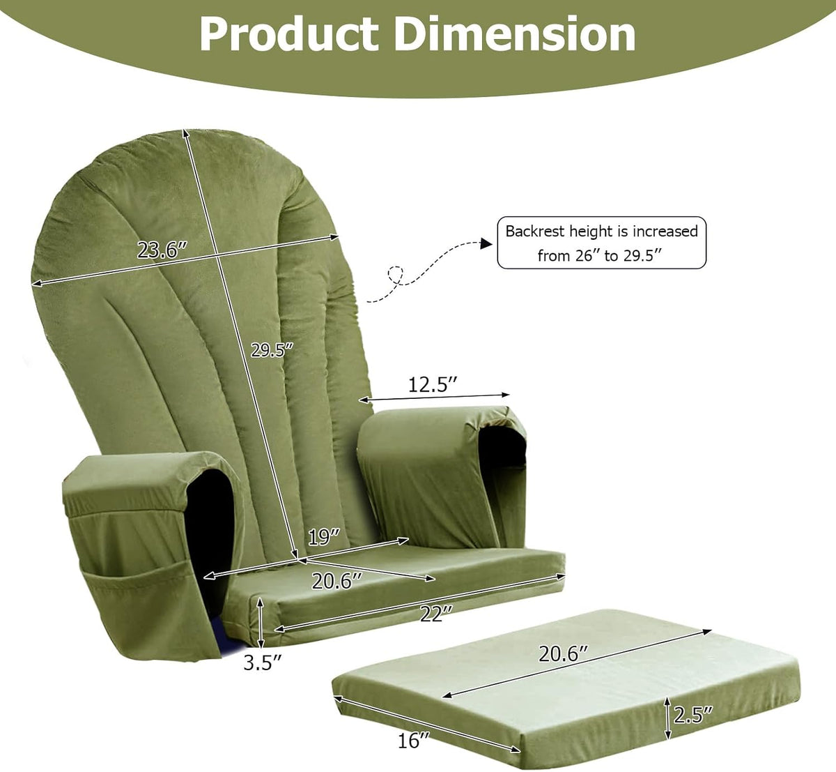 ANMINY 5pcs Glider Rocker Replacement Cushions Set with Ottoman Cushion, 3.5Inch Thickened Velvet Glider Rocking Chair Cushions with 29 inch High Backrest & Side Pockets for Indoor Nursery, Blue