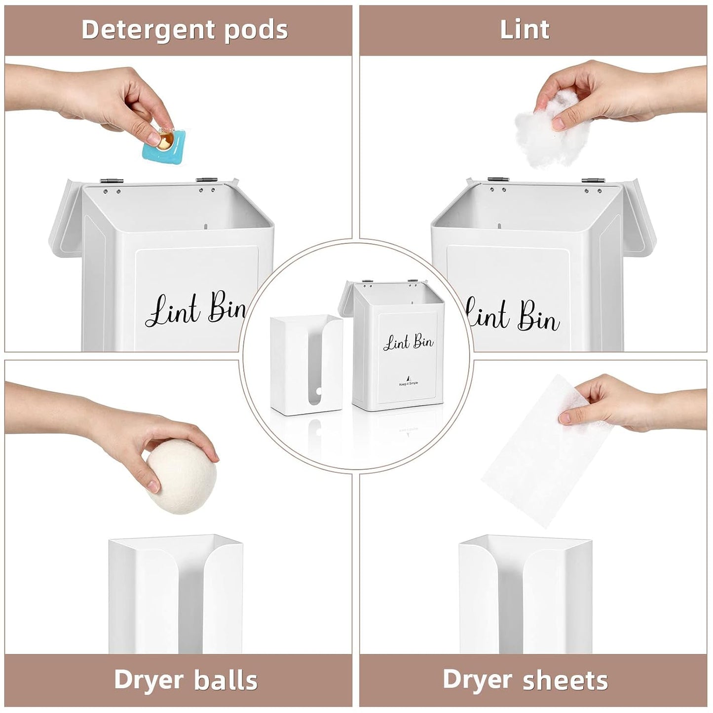 SUBEKYU Magnetic Lint Bin and Dryer Sheet Holder Set for Laundry Room,White | Wall Mounted Metal Lint Box Holder Trash Can,Lint Basket for Laundry Room Organization and Storage Decor
