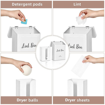 SUBEKYU Magnetic Lint Bin and Dryer Sheet Holder Set for Laundry Room,White | Wall Mounted Metal Lint Box Holder Trash Can,Lint Basket for Laundry Room Organization and Storage Decor