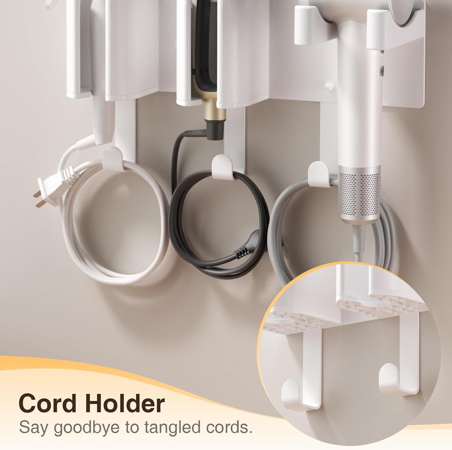 Hair Tool Organizer Wall Mount, Hair Dryer & Curling Iron Storage | 3-Compartment Blow Dryer and Straightener Holder, Screw Mounting, Aluminum Alloy & ABS, White (Hair Tools Not Included)